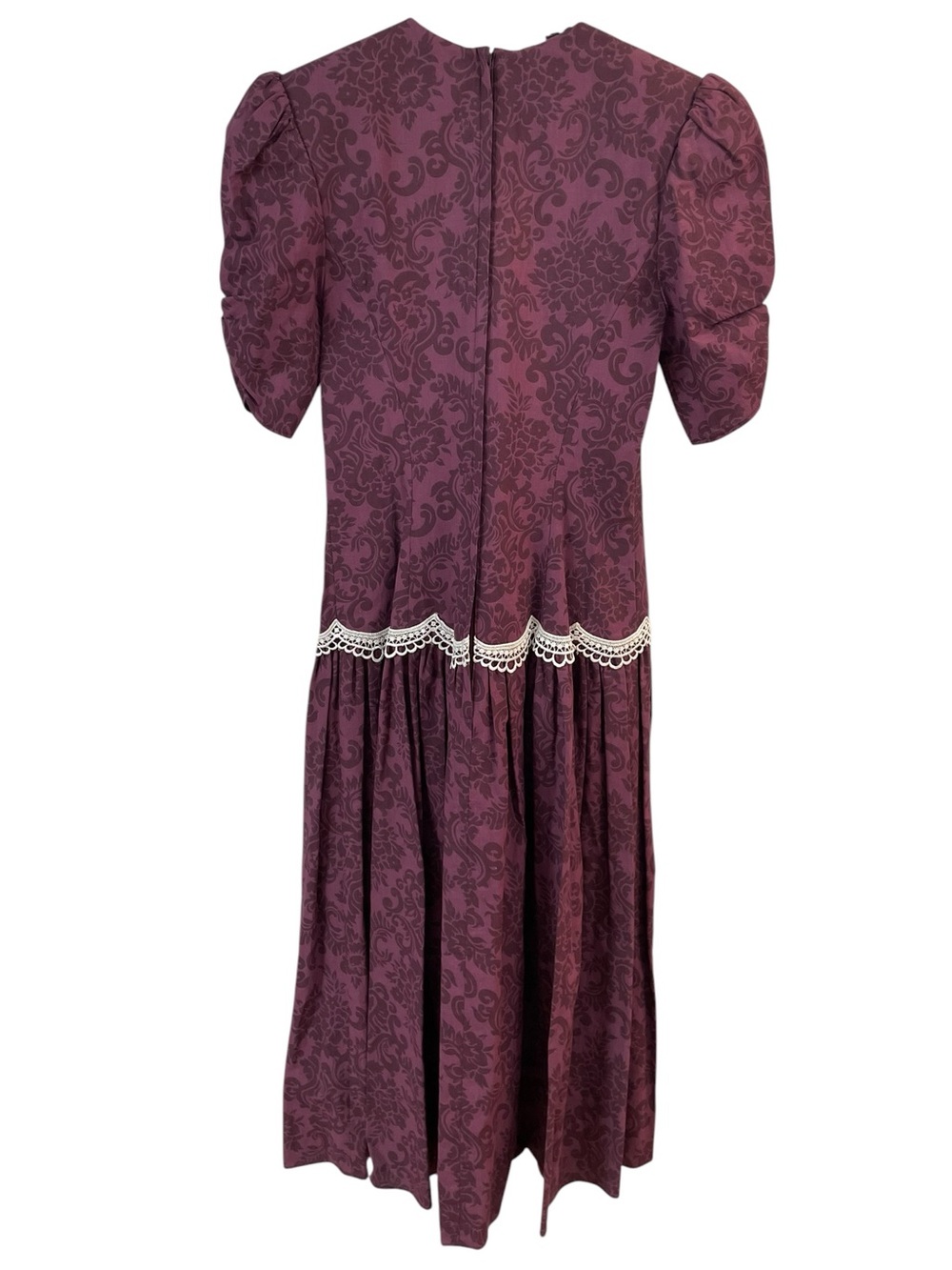 Vintage 80s Jessica McClintock Gunne Sax Cotton Prairie Dress 7/8 Burgundy Lace - Picture 6 of 15